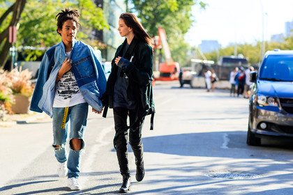 atmosphere details, black boots, black denim, black t shirt, blue denim, denim jacket, denim pants, fashion week, frenchystyle, full length, FW, green jacket, horizontal, jeans, jonathan paciullo, leather boots, leather shoes, leather sneakers, luka sabbat, NEW YORK, NYFW, patchwork, printed t shirt, ripped pants, SPRING SUMMER 2017, SS 17, street style, trousers, white sneakers, white t shirt, woman
