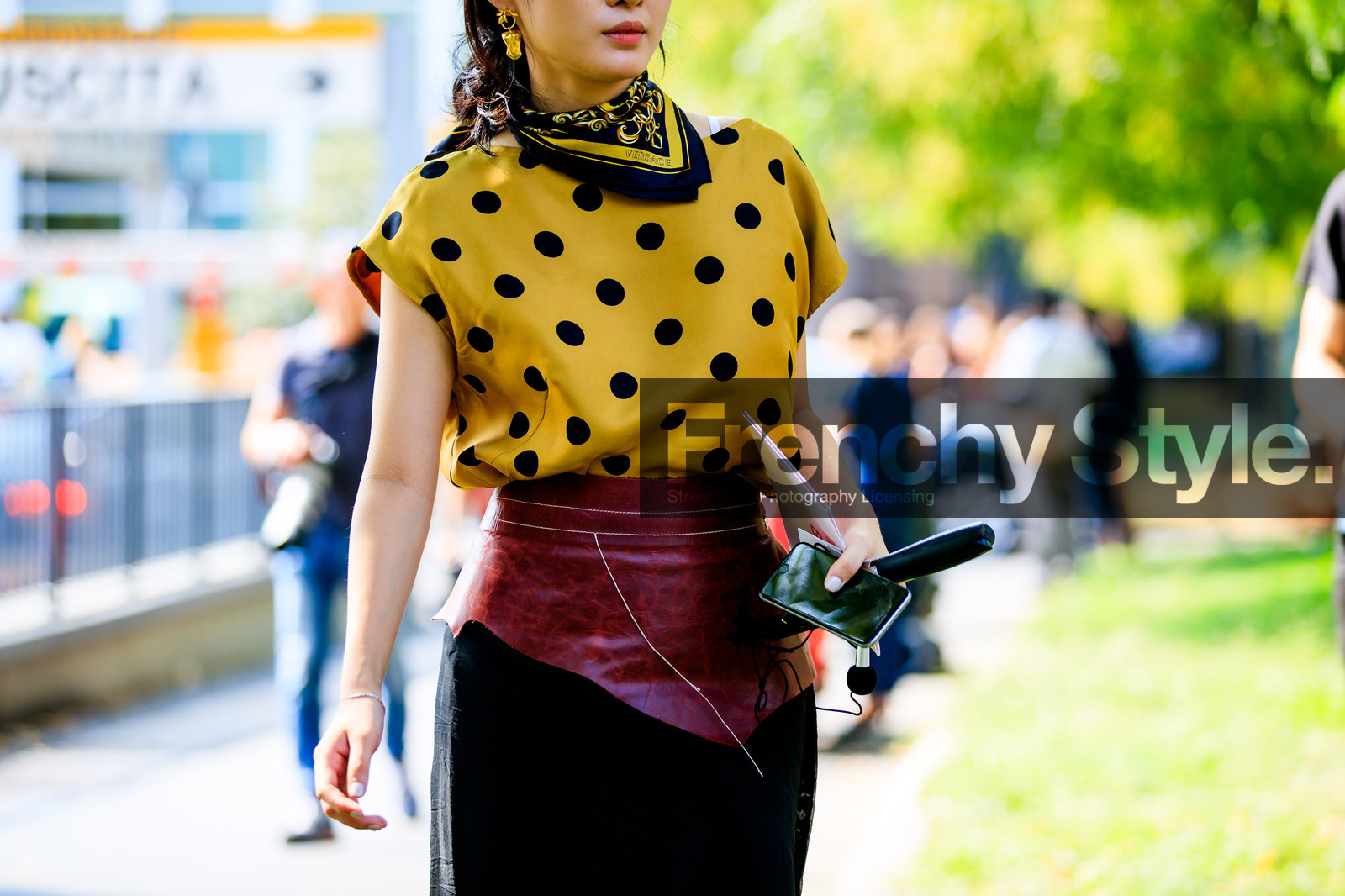 black skirt, earrings, graphic top, leather belt, polka dot, printed top, red belt, versace, yellow scarf, yellow t shirt, street style, jonathan paciullo, FW, frenchystyle, fashion week, MFW, MILAN, SPRING SUMMER 2019, SS 19, atmosphere details, horizontal, detail