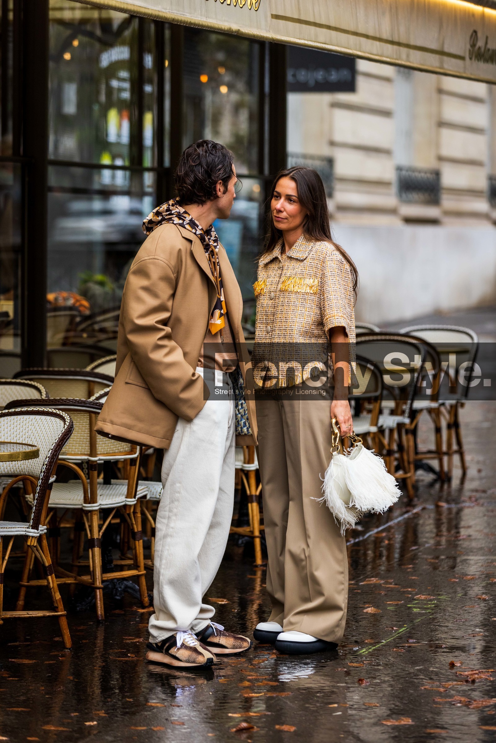Alice Barbier, bag, beige pants, beige shirt, flare pants, fluid pants, fringes, lanvin bag, pants, printed shirt, shirt, white bag, white boots, yellow shirt, beige blazer, beige sneakers, blazer, brown scarf, denim, Jean Sebastien Roques, lanvin look, large pants, menswear, orange scarf, pants, print, printed scarf, scarf, sneakers, white denim, white pants, fashion week, frenchystyle, FW, jonathan paciullo, street style, PFW, PARIS, SPRING SUMMER 2022, SS 22, vertical, full length