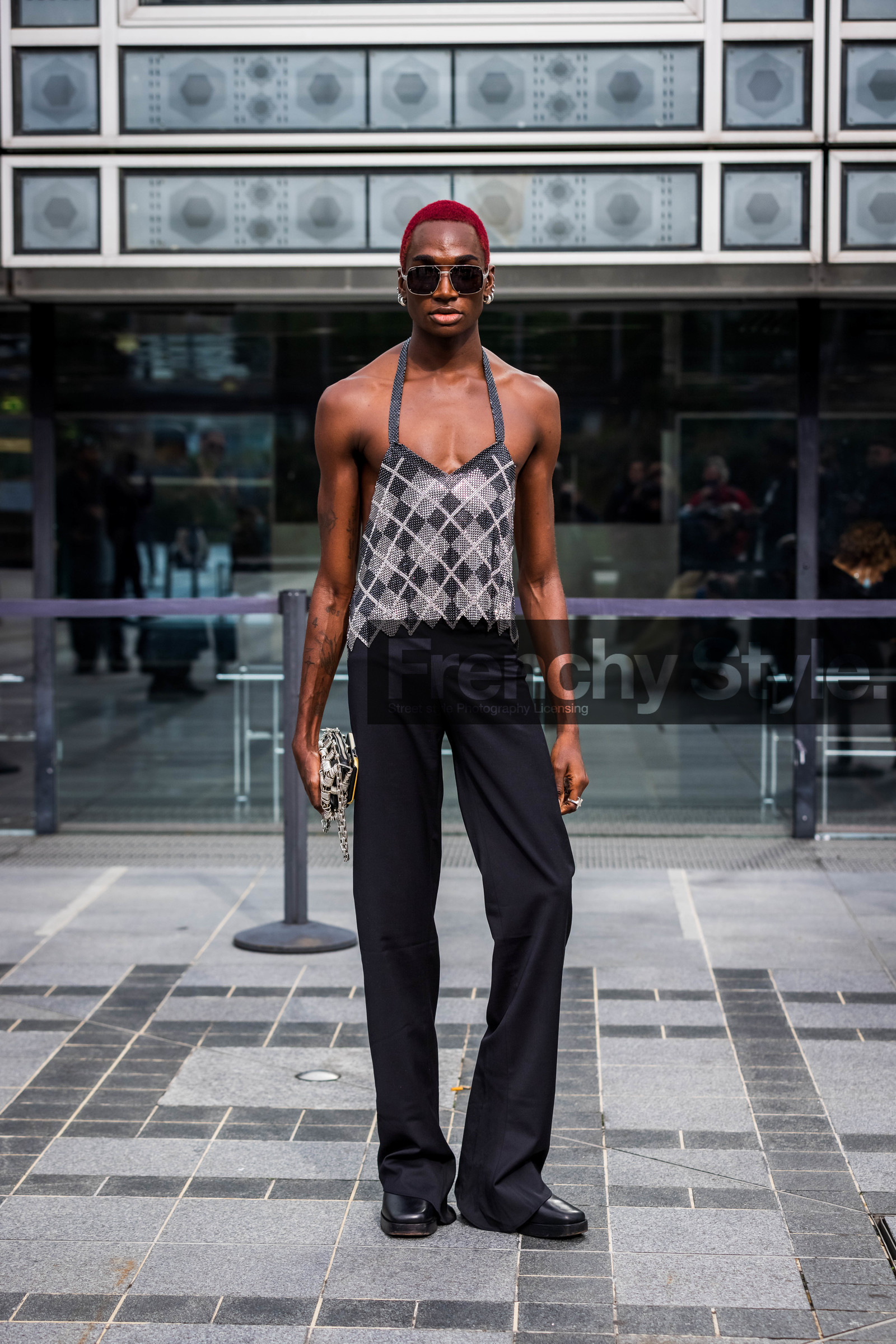bag, black pants, check, checked top, menswear, pants, printed top, Rickey Thompson, statement bag, strass, strassed top, sunglasses, fashion week, frenchystyle, FW, jonathan paciullo, street style, PFW, PARIS, SPRING SUMMER 2022, SS 22, vertical, full length