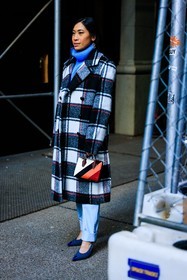 blue turtleneck, blue stilettos, blue slingback, pastel blue pants, leather pants, multicolor plaid coat, wool plaid coat, black and white coat, print coat, tweed heels, striped mini bag, multicolor mini bag, Miki Cheung, fashion week, frenchystyle, FW, jonathan paciullo, street style, NYFW, NEW YORK, AUTUMN WINTER 2022-2023, FALL WINTER 2022_2023, FW 22-23, vertical, full length