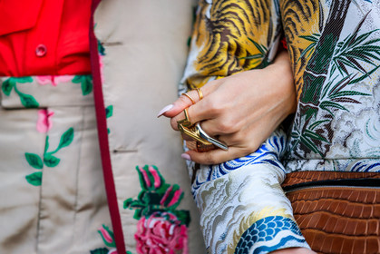 animal print, atmosphere details, AUTUMN WINTER 2017-2018, AW 17-18, beige jacket, beige pants, brian boy, brown bag, bryan boy, detail, FALL WINTER 2017-2018, fashion week, floral, flower, frenchystyle, FW, FW 17-18, gucci, horizontal, jonathan paciullo, leather bag, MFW, MILAN, printed jacket, printed pants, printed shirt, red shirt, rings, street style, tina leung, trousers