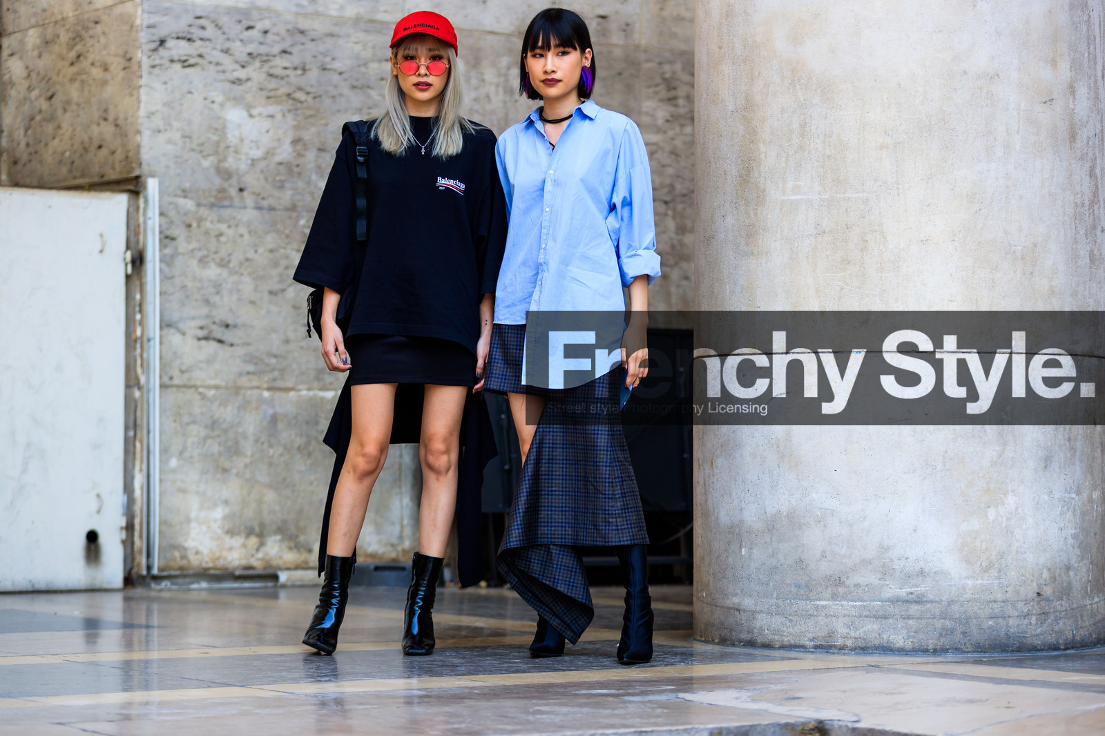 atmosphere details, backpack, balenciaga, black bag, black boots, black skirt, black sweater, blue shirt, choker, earrings, fashion week, frenchystyle, full length, FW, high heels, horizontal, jonathan paciullo, leather bag, leather shoes, MENSWEAR, necklace, PARIS, PFW, plaid, printed skirt, red cap, SPRING SUMMER 2018, SS 18, street style, sunglasses, tartan