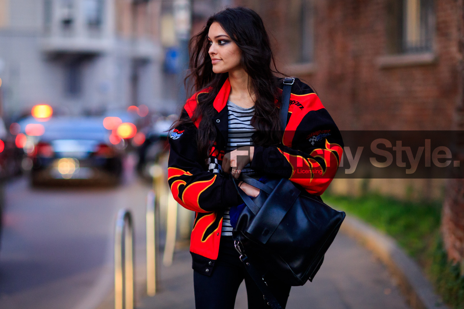 atmosphere details, AUTUMN WINTER 2017-2018, AW 17-18, black bag, black denim, denim pants, detail, eyeliner, eyeshadow, FALL WINTER 2017-2018, fashion week, frenchystyle, FW, FW 17-18, graphic jacket, horizontal, jeans, jonathan paciullo, leather bag, MFW, MILAN, model, printed jacket, red jacket, street style, striped top, trousers