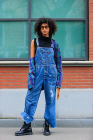 AUTUMN WINTER 2017-2018, AW 17-18, bandana, black shoes, black turtleneck, blue denim, checked shirt, denim overall, denim pants, earrings, FALL WINTER 2017-2018, fashion week, frenchystyle, full length, FW, FW 17-18, graphic shirt, imaan hamman, jeans, jonathan paciullo, leather shoes, MFW, MILAN, model, plaid, printed shirt, ralph lauren, sleeveless, street style, sunglasses, trousers, vertical