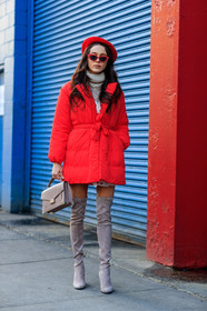 beret, fun sunglasses, high boots, high heels, leather bag, leather shoes, nude bag, nude boots, red hat, red jacket, sunglasses, street style, jonathan paciullo, FW, frenchystyle, fashion week, NYFW, NEW YORK, AUTUMN WINTER 2018-2019, AW 18-19, FALL WINTER 2018-2019, FW 18-19, vertical, full length