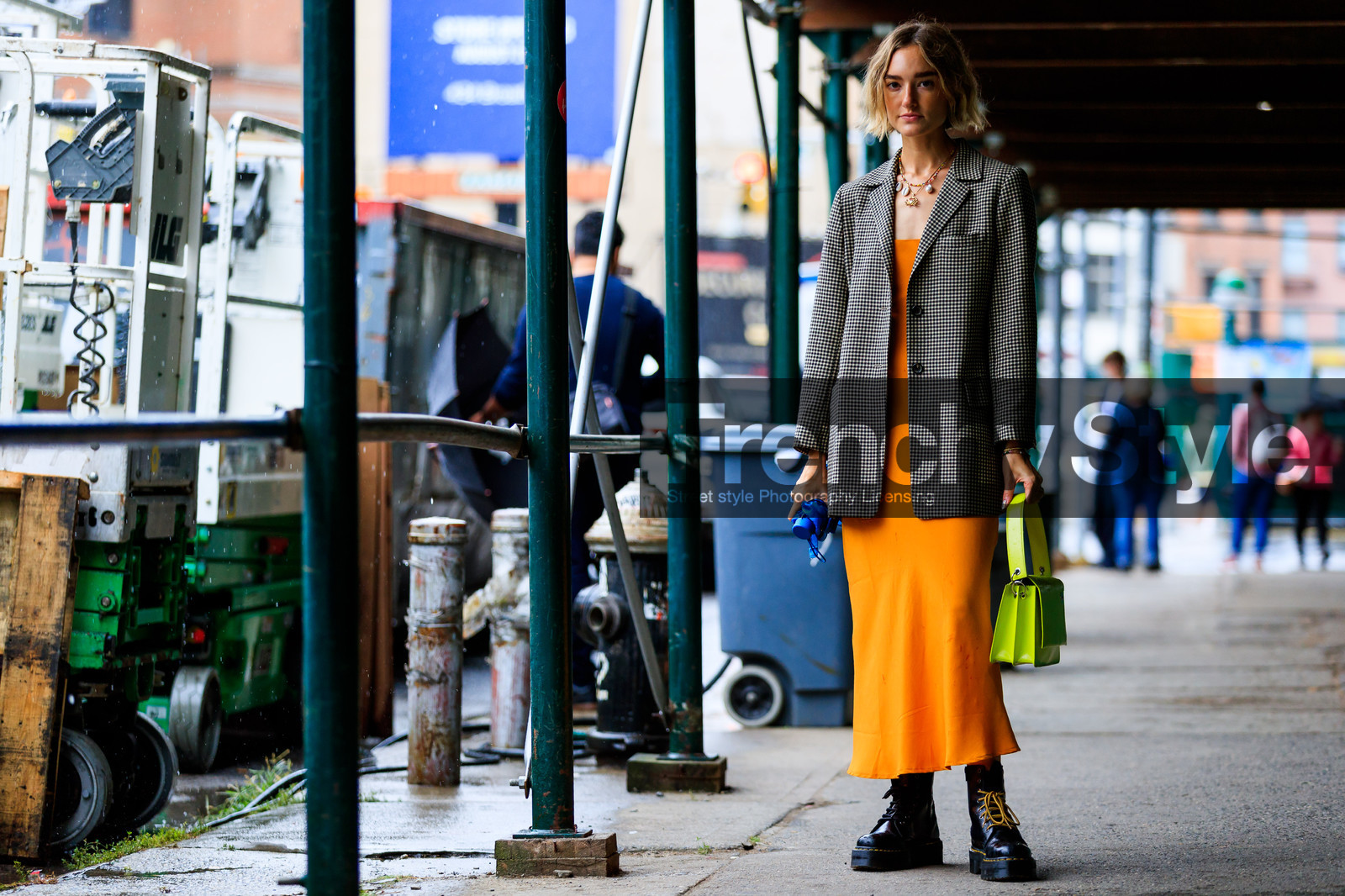 black shoes, brown jacket, checked, graphic jacket, leather bag, leather shoes, necklace, orange dress, plaid, printed jacket, yellow bag, street style, jonathan paciullo, FW, frenchystyle, fashion week, NYFW, NEW YORK, SPRING SUMMER 2019, SS 19, atmosphere details, horizontal, full length
