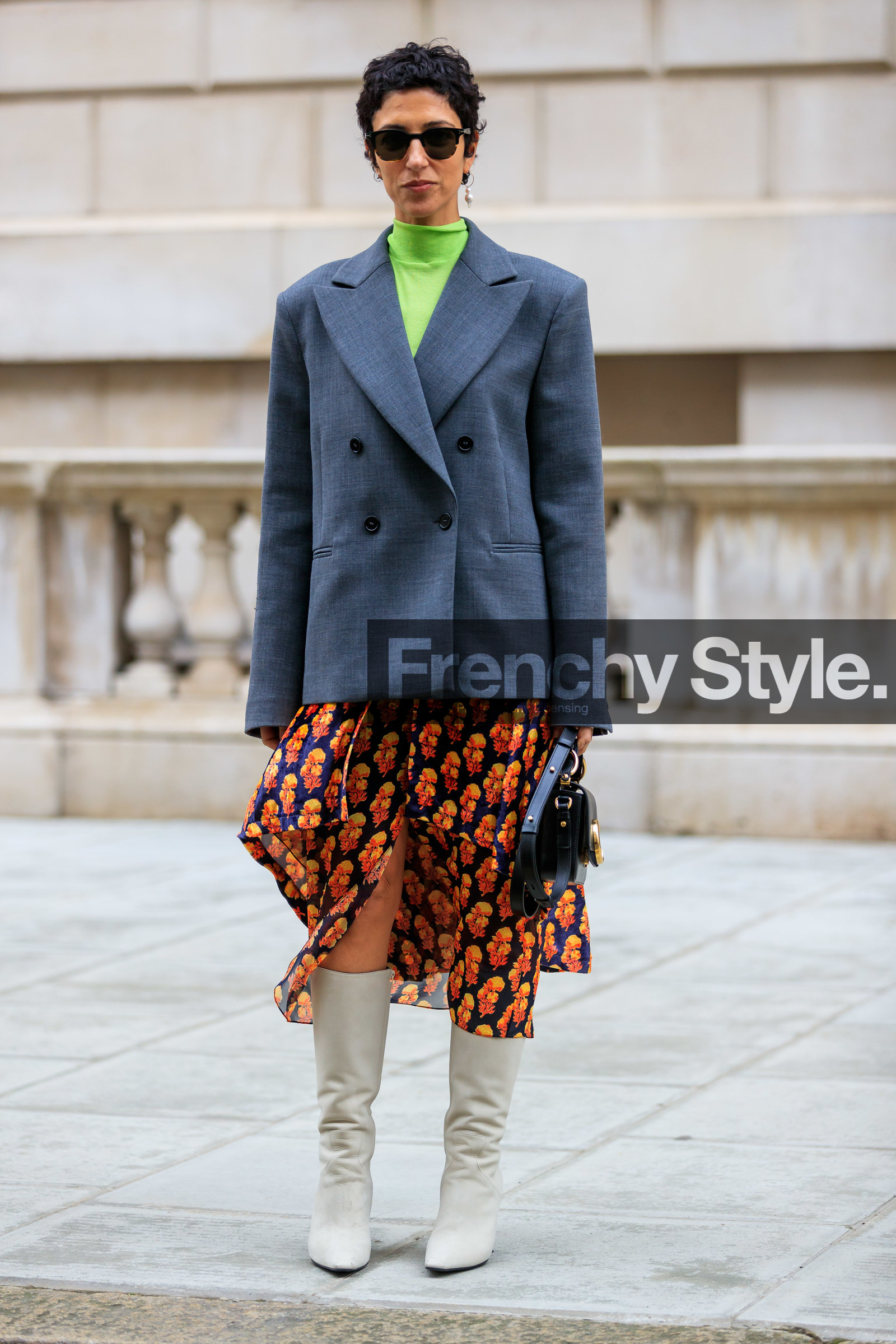 black bag, graphic skirt, green top, grey jacket, high boots, high heels, leather bag, leather shoes, neon, orange skirt, printed skirt, sunglasses, white boots, yasmin sewell, street style, jonathan paciullo, FW, frenchystyle, fashion week, LFW, LONDON, AUTUMN WINTER 2019-2020, AW 19-20, FW 19-20, FALL WINTER 2019-2020, vertical, full length