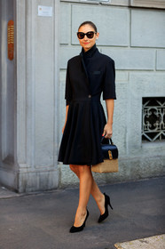 jenny walton, black dress, black suede shoes, black leather bag, wrap dress, jacket dress, mini dress, high heels shoes, straw bag, hand bag, fashion week, frenchystyle, FW, jonathan paciullo, street style, MFW, MILAN, AUTUMN WINTER 2020-2021, FALL WINTER 2020-2021, FW 20-21, vertical, full length