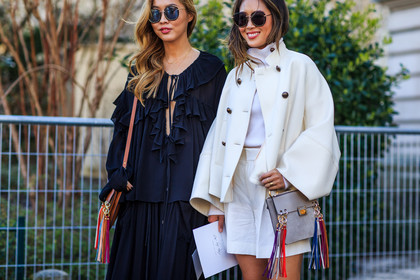 aimee song, atmosphere details, AUTUMN WINTER 2016-2017, AW 16-17, black dress, brown bag, chiffon dress, chloe, dani song, detail, FALL WINTER 2016-2017, fashion week, frenchystyle, fringes, FW, FW 16-17, grey bag, horizontal, jonathan paciullo, leather bag, long dress, PARIS, PFW, pompons, silk dress, street style, suede bag, sunglasses, turtleneck sweater, white jacket, white knit, white shorts