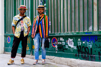 atmosphere details, black bag, black pants, black t shirt, blue denim, denim pants, fashion week, frenchystyle, full length, FW, golden sneakers, graphic jacket, hawaiian shirt, horizontal, jeans, jonathan paciullo, leather bag, leather shoes, MENSWEAR, multicolor jacket, nabile quenum, PARIS, PFW, printed jacket, printed shirt, printed t shirt, SPRING SUMMER 2018, SS 18, straw hat, street style, striped jacket, sunglasses, trousers, white t shirt, yellow shirt