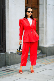 anna rosa vitiello, basket, blazer, graphic bag, leather bag, leather shoes, necklace, printed bag, red jacket, red pants, red shoes, red suit, sunglasses, trousers, fashion week, frenchystyle, FW, jonathan paciullo, street style, LFW, LONDON, SPRING SUMMER 2019, SS 19, vertical, full length