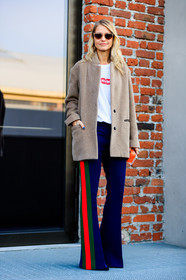 beige jacket, graphic pants, gucci, navy pants, printed pants, stripes, sunglasses, trousers, white t shirt, fashion week, frenchystyle, FW, jonathan paciullo, street style, MFW, MILAN, AUTUMN WINTER 2018-2019, FALL WINTER 2018-2019, FW 18-19, vertical, full length