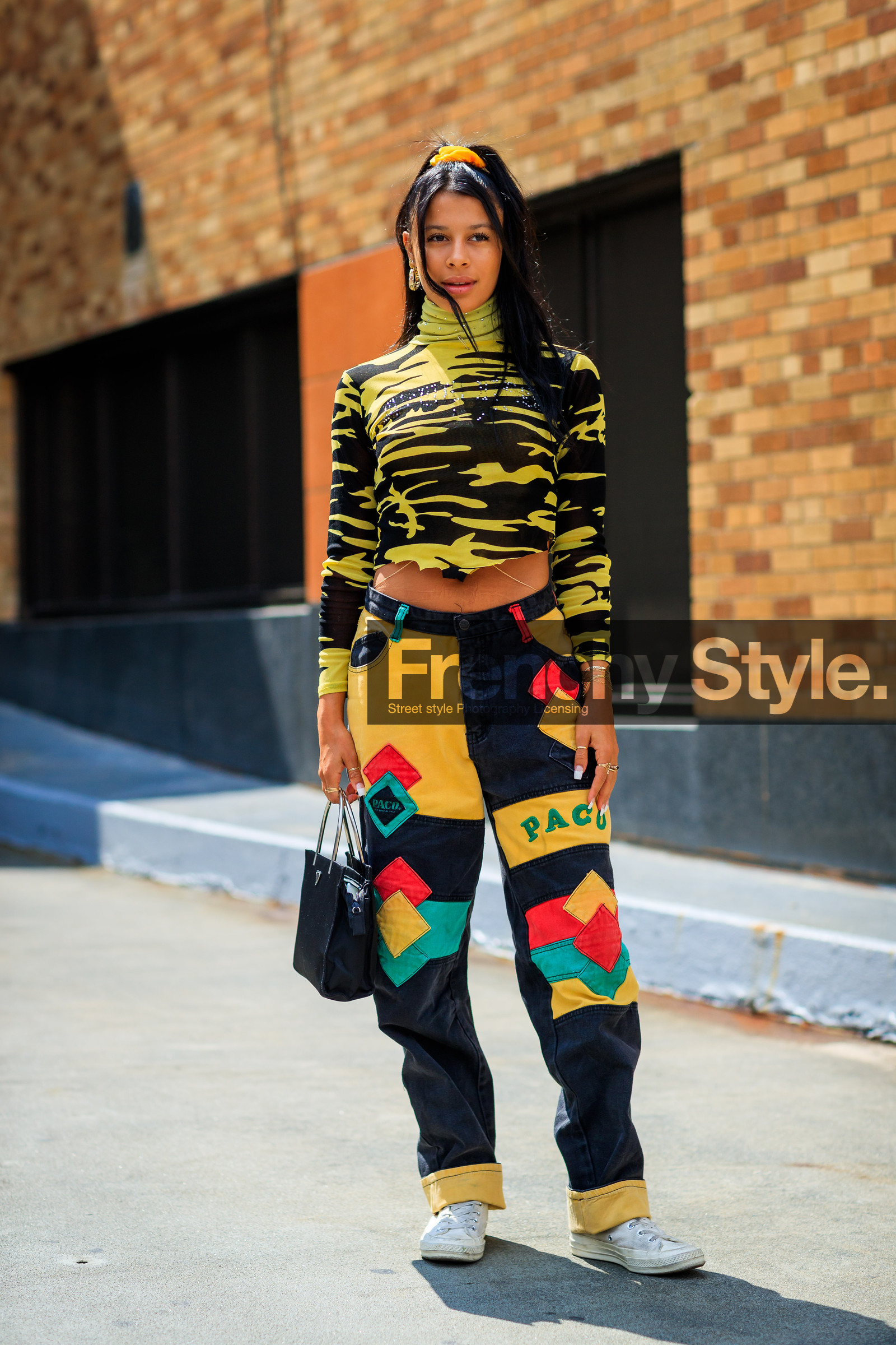black bag, converse, cropped top, denim pants, fashion week, frenchystyle, full length, FW, graphic sweater, jeans, jonathan paciullo, leather bag, multicolor pants, NEW YORK, NYFW, patchwork, ponytail, prada, printed sweater, SPRING SUMMER 2018, SS 18, street style, trousers, vertical, white sneakers, yellow pants, yellow sweater, zebra