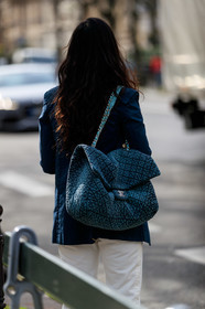 big bag, back details, bag detail, quilted bag, green bag, shoulder bag, denim, denim bag, chanel bag, fashion week, frenchystyle, FW, jonathan paciullo, street style, PFW, PARIS, vertical, atmosphere details, detail