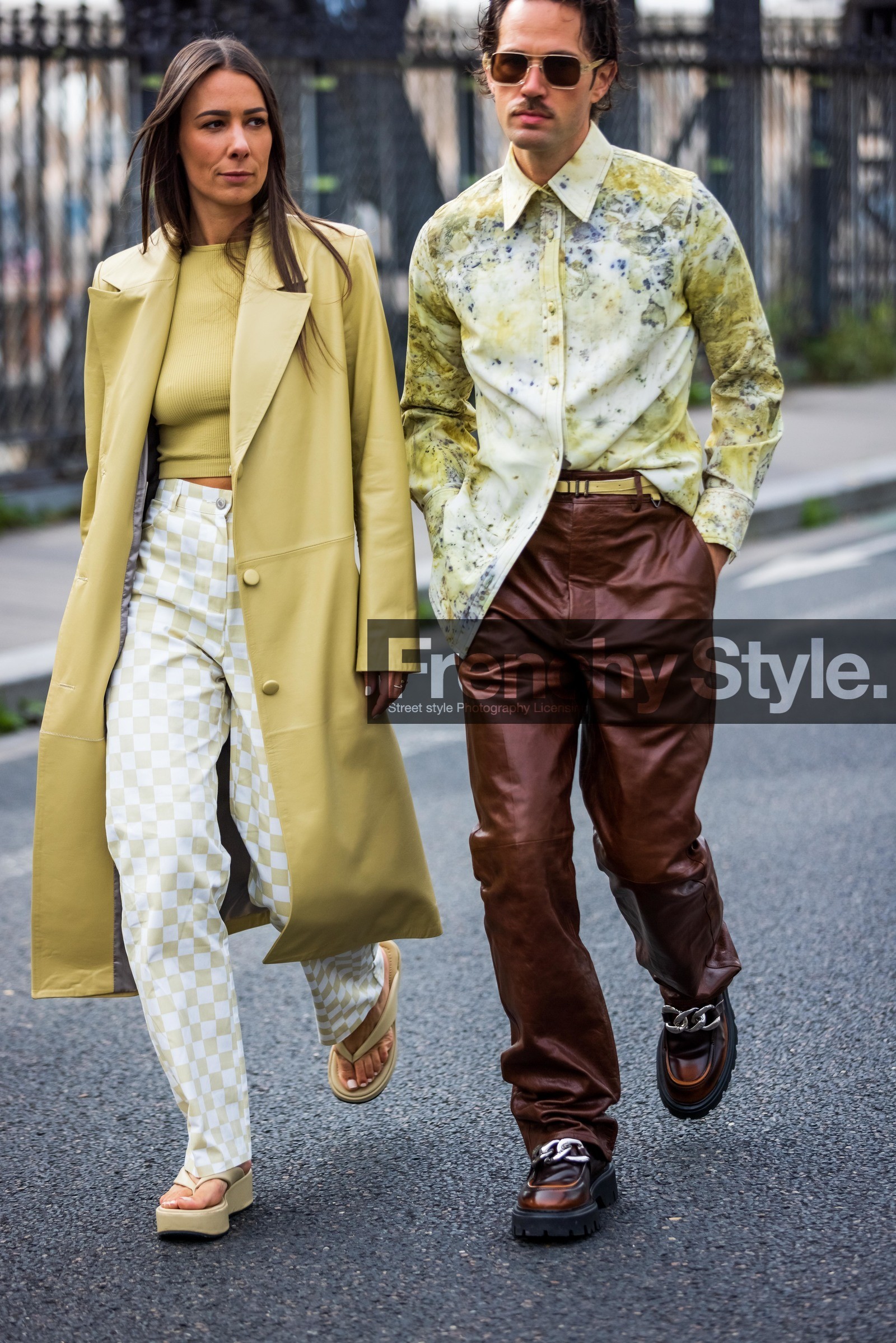 Alice Barbier, aviator sunglasses, bag, belt, bicolor pants, brown bag, brown loafers, brown pants, checked pants, checked print, coat, color, couple, duo, Jean-Sebastien Roques, leather bag, leather belt, leather coat, leather loafers, leather pants, leather sandals, menswear, pants, printed pants, printed shirt, ribbed top, sandals, shirt, sunglasses, white pants, yellow coat, yellow pants, yellow sandals, yellow shirt, yellow top, fashion week, frenchystyle, FW, jonathan paciullo, street style, PFW, PARIS, SPRING SUMMER 2022, SS 22, vertical, atmosphere details