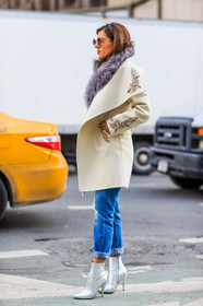 AUTUMN WINTER 2016-2017, AW 16-17, blue denim, denim pants, embroidered coat, FALL WINTER 2016-2017, fashion week, frenchystyle, full length, fur collar, FW, FW 16-17, high boots, high heels, jeans, jonathan paciullo, NEW YORK, NYFW, purple fur, silver shoes, street style, sunglasses, trousers, vertical, white coat, woman