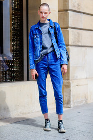 AUTUMN WINTER 2016-2017, AW 16-17, black sneakers, blue denim, converse, denim jacket, denim pants, FALL WINTER 2016-2017, fashion week, frenchystyle, full length, FW, FW 16-17, grey sweater, HAUTE COUTURE, jeans, jonathan paciullo, MENSWEAR, model, PARIS, PFW, pulled back hair, street style, trousers, vertical, wet hair