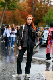model, kiki willems, brown leather jacket, black jacket, black pants, belted jacket, converse shoes, white sneakers, PARIS, PFW, SPRING SUMMER 2020, SS 20, fashion week, frenchystyle, FW, jonathan paciullo, street style, vertical, full length