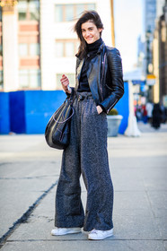 adidas, AUTUMN WINTER 2016-2017, AW 16-17, black bag, black belt, black jacket, black perfecto, black sweater, black turtleneck, FALL WINTER 2016-2017, fashion week, frenchystyle, full length, FW, FW 16-17, grey pants, jonathan paciullo, leather bag, leather belt, leather jacket, leather perfecto, leather sneakers, model, NEW YORK, NYFW, street style, superstar sneakers, tied up belt, trousers, vertical, white sneakers, wide pants, woman, wool pants