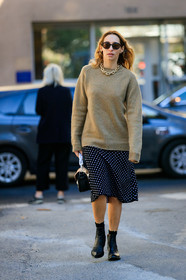 alexandra golovanoff, beige sweater, black bag, black shoes, black skirt, graphic skirt, leather bag, leather shoes, necklace, polka dot, printed skirt, sunglasses, fashion week, frenchystyle, FW, jonathan paciullo, street style, PFW, PARIS, AUTUMN WINTER 2019-2020, AW 19-20, FALL WINTER 2019-2020, FW 19-20, vertical, full length