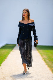 black and white shoes, black bag, black jacket, black skirt, blazer, christian dior, earrings, graphic skirt, high heels, leather bag, leather shoes, off the shoulder, polka dot, printed skirt, red lips, fashion week, frenchystyle, FW, jonathan paciullo, street style, PFW, PARIS, vertical, full length, AUTUMN WINTER 2018-2019, FALL WINTER 2018-2019, FW 18-19, patricia manfield