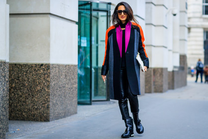 atmosphere details, AUTUMN WINTER 2017-2018, AW 17-18, black leggings, black pants, black shoes, black sweater, FALL WINTER 2017-2018, fashion week, frenchystyle, full length, FW, FW 17-18, graphic coat, high boots, horizontal, jonathan paciullo, leather bag, leather clutch, leather pants, leather shoes, LFW, LONDON, multicolor jacket, nausheen shah, patchwork, pearls, printed coat, street style, sunglasses, trousers, white clutch