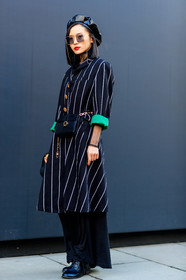 AUTUMN WINTER 2017-2018, AW 17-18, beret, black bag, black hat, black pants, black shirt, black shoes, FALL WINTER 2017-2018, fanny pack, fashion week, frenchystyle, full length, fun sunglasses, FW, FW 17-18, jonathan paciullo, leather bag, leather shoes, LFW, LONDON, printed dress, printed shirt, shirt dress, street style, striped dress, striped shirt, stripes, sunglasses, trousers, vertical