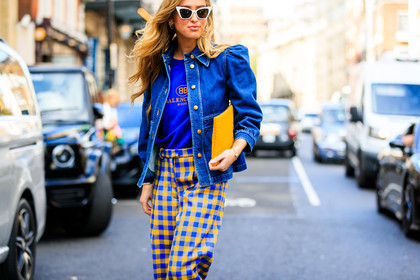 balenciaga, blue denim, blue t shirt, checked, denim jacket, emili sindlev, graphic pants, leather bag, plaid, printed pants, sunglasses, trousers, wide pant, yellow bag, yellow pants, fashion week, frenchystyle, FW, jonathan paciullo, street style, LFW, LONDON, SPRING SUMMER 2019, SS 19, atmosphere details, horizontal, detail