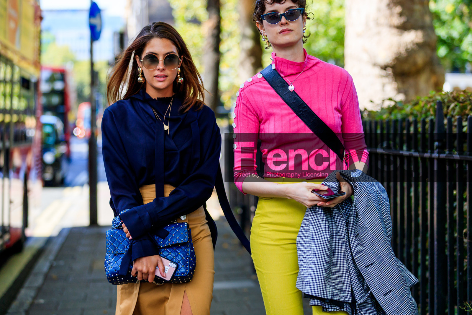 beige skirt, black shirt, blue bag, chloe hill, earrings, graphic bag, grey jacket, leather bag, necklace, pink sweater, printed bag, sunglasses, trousers, yellow pants, fashion week, frenchystyle, FW, jonathan paciullo, street style, LFW, LONDON, SPRING SUMMER 2019, SS 19, atmosphere details, horizontal, detail