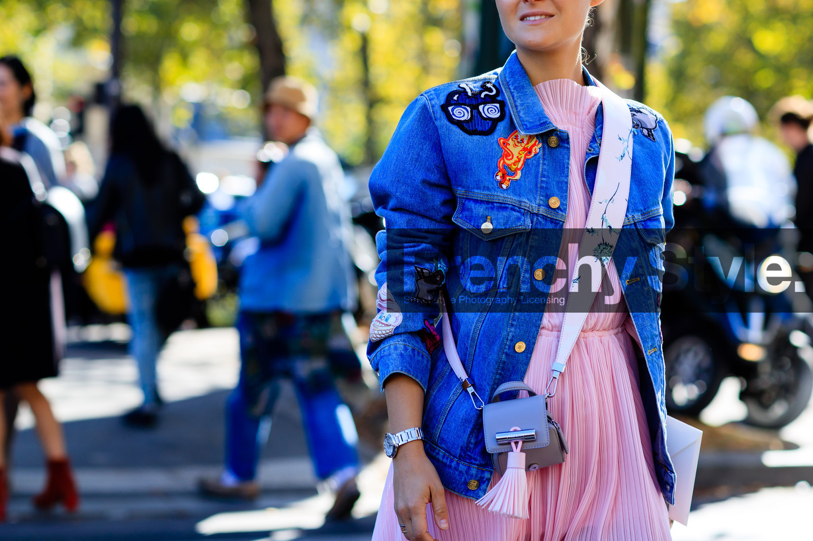atmosphere details, blue denim, denim jacket, detail, embroidered jacket, fashion week, frenchystyle, FW, grey bag, horizontal, jonathan paciullo, leather bag, mini bag, miu miu, PARIS, PFW, pink dress, pompons, SPRING SUMMER 2017, SS 17, street style
