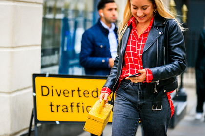 basket, black denim, black jacket, black perfecto, checked, denim pants, graphic shirt, jeans, leather bag, leather jacket, leather perfecto, plaid, printed shirt, red shirt, trousers, yellow bag, fashion week, frenchystyle, FW, jonathan paciullo, street style, LFW, LONDON, SPRING SUMMER 2019, SS 19, atmosphere details, horizontal, detail
