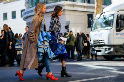black shoes, blue denim, blue dress, blue skirt, brown coat, checked, chloe king, denim pants, jeans, leather shoes, plaid, red shoes, ruffles, stripes, trousers, fashion week, frenchystyle, FW, jonathan paciullo, street style, PFW, PARIS, AUTUMN WINTER 2019-2020, AW 19-20, FALL WINTER 2019-2020, FW 19-20, horizontal, atmosphere details, full length