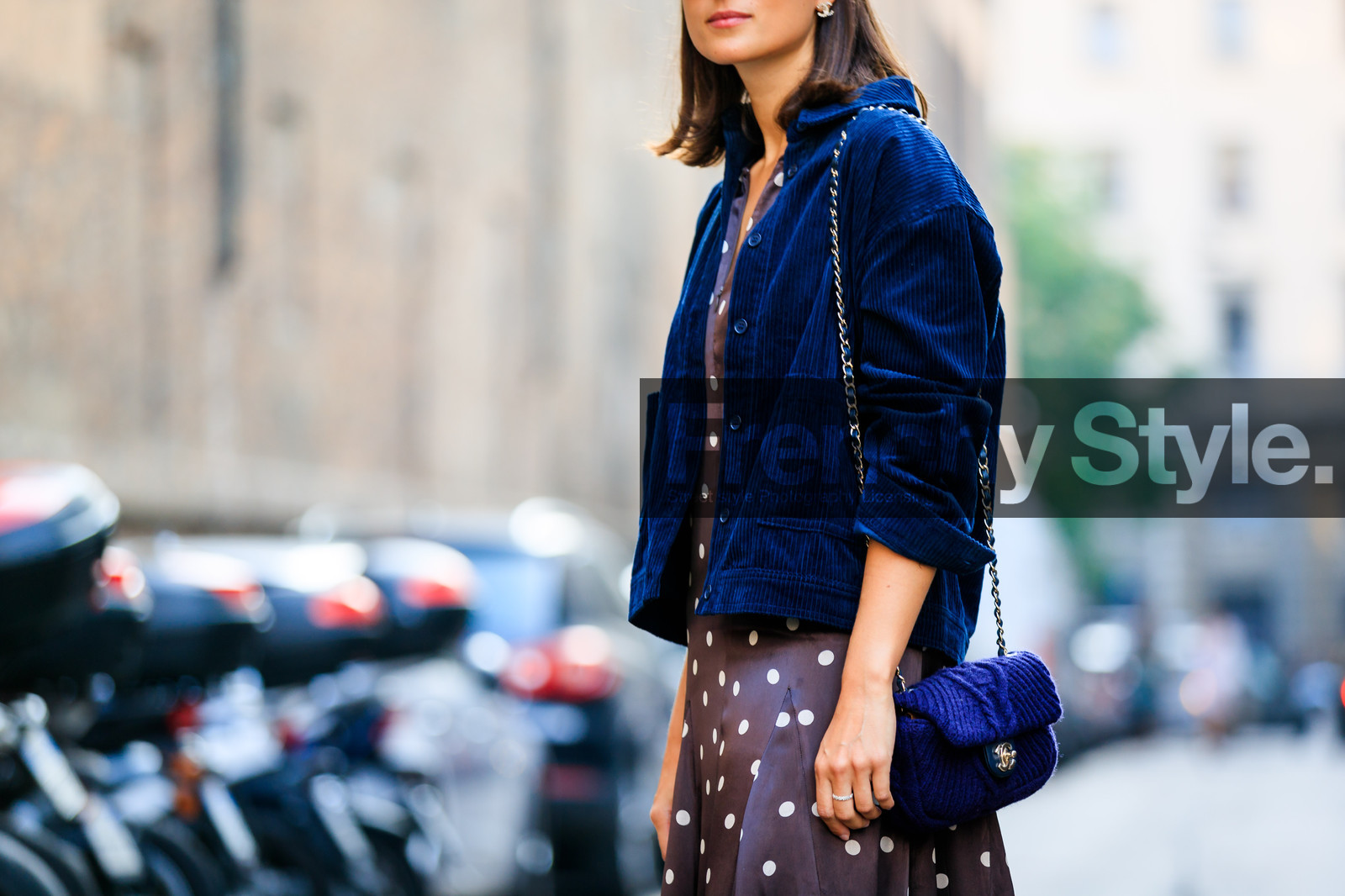 blue jacket, brown dress, chanel handbag, corduroy, graphic dress, julia haghjoo, leather bag, polka dot, printed dress, purple bag, sunglasses, fashion week, frenchystyle, FW, jonathan paciullo, street style, MFW, MILAN, SPRING SUMMER 2019, SS 19, atmosphere details, horizontal, detail