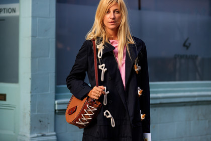 ada kokosar, black coat, camel bag, graphic bag, jw anderson, leather bag, pink dress, printed bag, fashion week, frenchystyle, FW, jonathan paciullo, street style, LFW, LONDON, SPRING SUMMER 2019, SS 19, atmosphere details, horizontal, detail