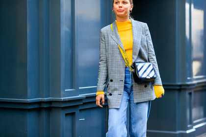 atmosphere details, black and white bag, blazer, blue denim, checked jacket, denim pants, detail, fashion week, frenchystyle, FW, graphic bag, graphic jacket, grey jacket, horizontal, jeans, jonathan paciullo, leather bag, LFW, LONDON, off white, plaid, printed bag, printed jacket, SPRING SUMMER 2018, SS 18, street style, striped bag, trousers, yellow sweater