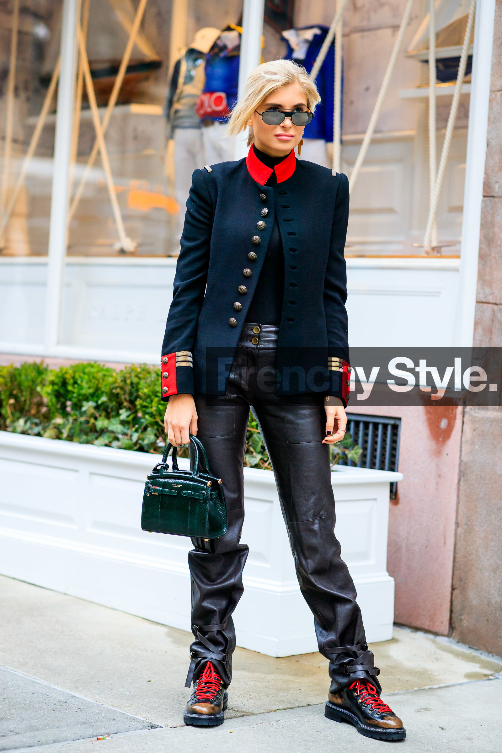 black jacket, black pants, black shoes, brown boot, green bag, leather bag, leather pants, leather shoes, ralph lauren, sunglasses, trousers, xenia adonts, frenchystyle, jonathan paciullo, street style, NYFW, NEW YORK, AUTUMN WINTER 2019-2020, AW 19-20, FALL WINTER 2019-2020, FW 19-20, fashion week, FW, vertical, full length