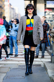 black shoes, black skirt, blazer, brown jacket, checked, fanny pack, graphic jacket, green bag, high boots, leather bag, leather shoes, plaid, printed jacket, printed sweater, sunglasses, fashion week, frenchystyle, FW, jonathan paciullo, street style, MFW, MILAN, AUTUMN WINTER 2019-2020, AW 19-20, FALL WINTER 2019-2020, FW 19-20, vertical, full length