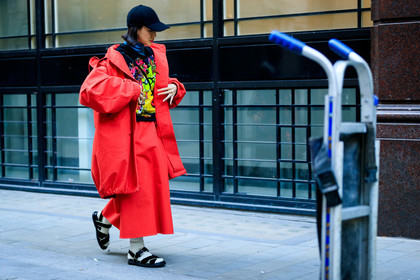 black cap, black sandals, black shoes, black sweater, graphic sweater, hoodie, leather shoes, printed sweater, red jacket, red skirt, white socks, fashion week, frenchystyle, FW, jonathan paciullo, street style, LFW, LONDON, AUTUMN WINTER 2019-2020, AW 19-20, FW 19-20, FALL WINTER 2019-2020, horizontal, atmosphere details, full length