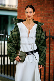 aymeline valade, black belt, checked, graphic jacket, green bag, green jacket, jw anderson, leather bag, leather belt, model, necklace, plaid, printed jacket, tartan, white dress, fashion week, frenchystyle, FW, jonathan paciullo, street style, LFW, LONDON, SPRING SUMMER 2019, SS 19, vertical, detail, atmosphere details