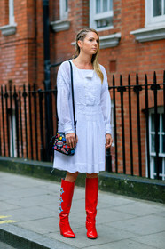 black bag, braids, cartoon, drawings, fashion week, frenchystyle, full length, FW, high heels, jonathan paciullo, lace dress, leather bag, leather boots, leather shoes, LFW, LONDON, printed bag, red boots, SPRING SUMMER 2017, SS 17, street style, varnished leather shoes, vertical, white dress, woman