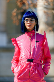 blue hair, dyed hair, earrings, pink jumpsuit, sita abellan, sunglasses, trousers, PARIS, PFW, street style, jonathan paciullo, FW, frenchystyle, fashion week, AUTUMN WINTER 2019-2020, AW 19-20, FALL WINTER 2019-2020, FW 19-20, vertical, atmosphere details, detail