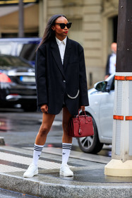 white shirt, black jacket, jacket dress, oversize jacket, white socks, white sneakers, white leather sneakers, striped socks, adidas socks, red leather bag, hand bag, saint laurent bag, fashion week, frenchystyle, FW, jonathan paciullo, street style, PFW, PARIS, AUTUMN WINTER 2021-2022, FALL WINTER 2021-2022, FW 21-22, vertical, full length