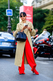 beige coat, black bag, fashion week, frenchystyle, full length, FW, givenchy, jonathan paciullo, leather bag, leather shoes, margaret zhang, overcoat, PARIS, PFW, red boots, red pants, SPRING SUMMER 2017, SS 17, street style, sunglasses, trousers, vertical