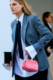 black pants, black tie, blazer, checked, claire beermann, graphic jacket, grey jacket, leather bag, pink bag, plaid, printed jacket, trousers, white shirt, fashion week, frenchystyle, FW, jonathan paciullo, street style, PFW, PARIS, AUTUMN WINTER 2019-2020, AW 19-20, FALL WINTER 2019-2020, FW 19-20, vertical, atmosphere details, detail