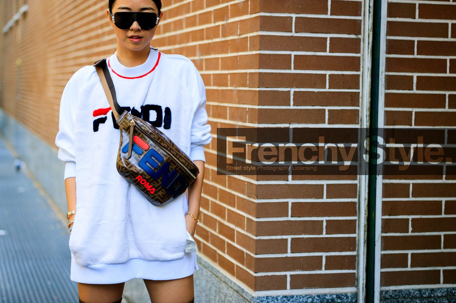 brown bag, fanny pack, fendi, graphic bag, leather bag, monogram, printed bag, sunglasses, white sweater, yuyu zhangzou, street style, jonathan paciullo, FW, frenchystyle, fashion week, MFW, MILAN, SPRING SUMMER 2019, SS 19, atmosphere details, horizontal, detail