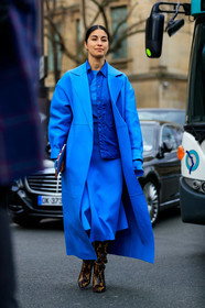 caroline issa, light blue leather jacket, light blue skirt, light blue pullover, light blue leather coat, blue shirt, turtleneck pullover, long skirt, wrap skirt, brown leather boots, animal skin boots, fashion week, frenchystyle, FW, jonathan paciullo, street style, PFW, PARIS, vertical, full length