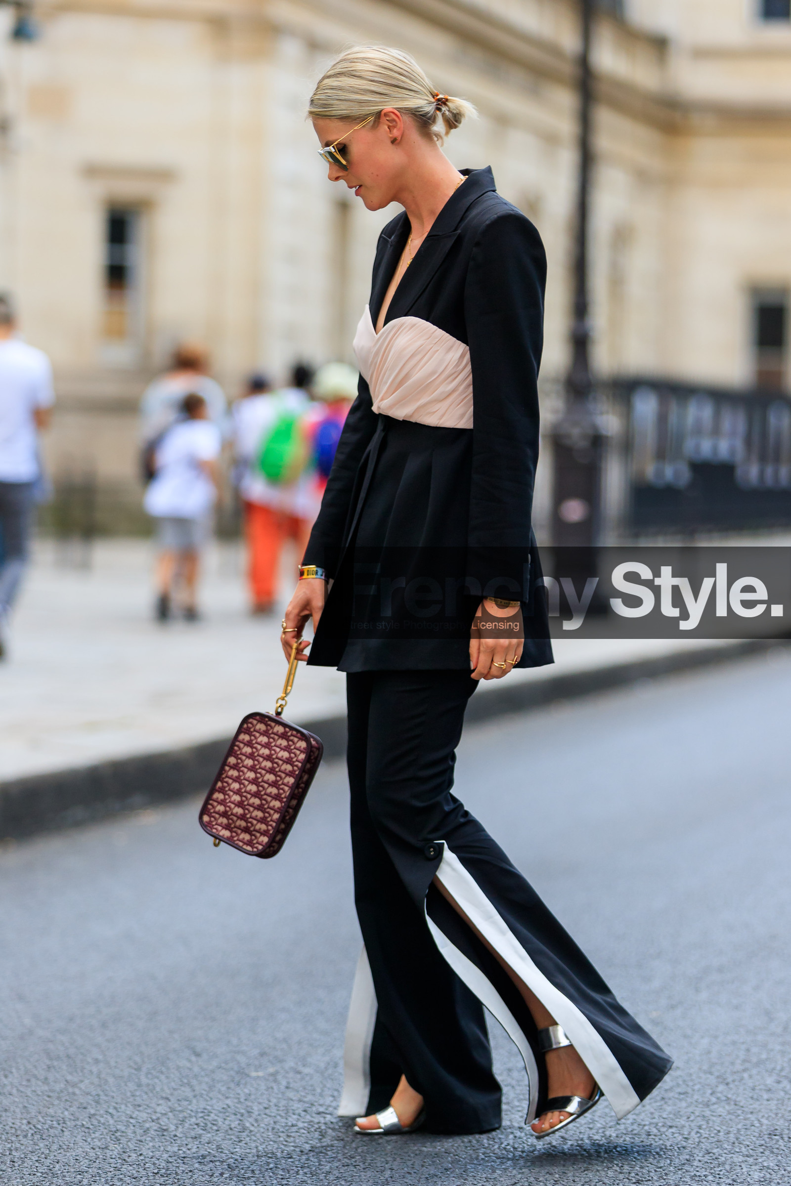 black jacket, black pants, black suit, blazer, bordeaux, burgundy, bustier top, christian dior, graphic bag, leather bag, leather shoes, monogram, necklace, pink top, printed bag, red bag, silver shoes, trousers, PFW, fashion week, frenchystyle, FW, jonathan paciullo, street style, PARIS, vertical, full length, AUTUMN WINTER 2018-2019, FALL WINTER 2018-2019, FW 18-19, sofie valkiers