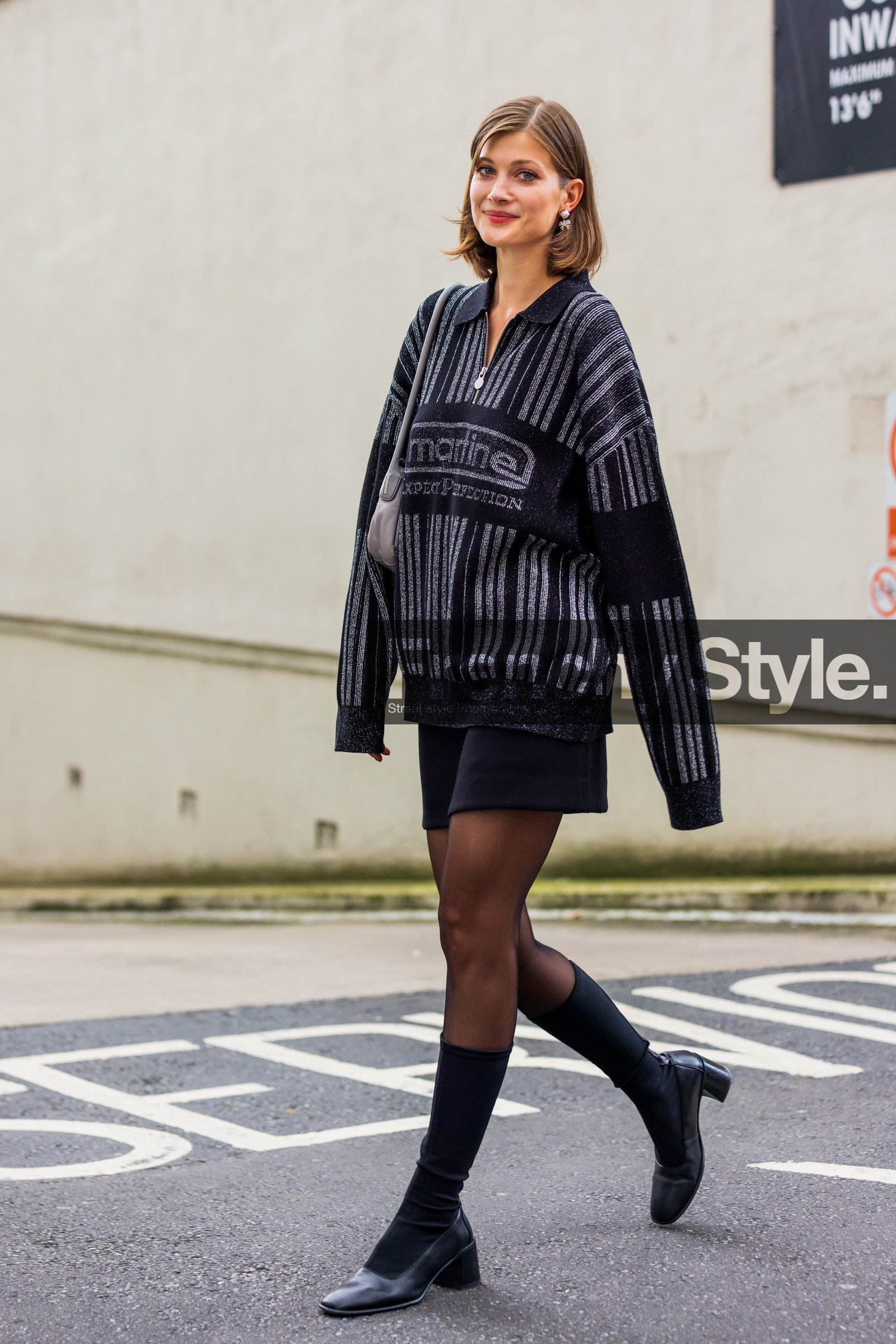 Larissa Hofmann, jumper, black, mini skirt, skirt, socks, pumps, fashion week, frenchystyle, FW, jonathan paciullo, street style, SPRING SUMMER 2022, SS 22, LFW, LONDON, vertical, full length