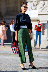 black mules, black top, bracelet, fashion week, frenchystyle, full length, FW, giovanna battaglia, graphic bag, green pants, high heels, jonathan paciullo, leather bag, leather belt, leather shoes, message, PARIS, PFW, red bag, SPRING SUMMER 2017, SS 17, street style, sunglasses, trousers, vertical, white belt, wide pants